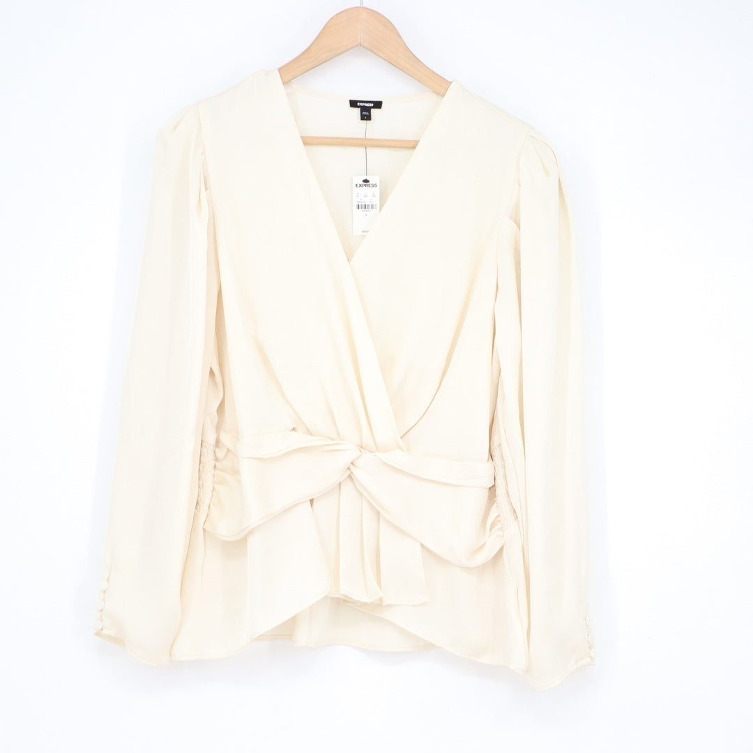 Express Ivory Surplice Wrap Front Tie Peplum Blouse NWT Large