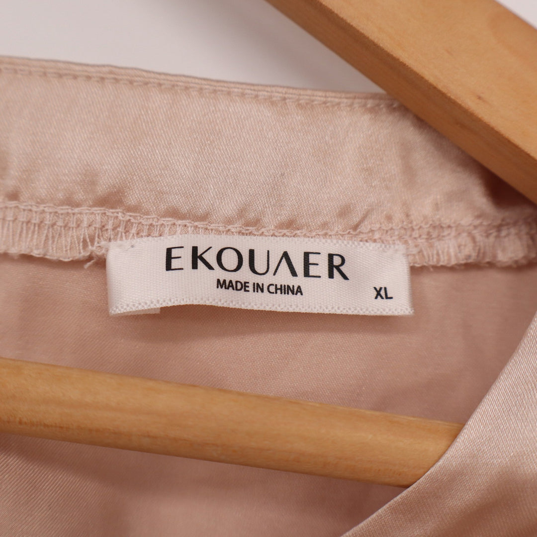 Ekouaer Womens XL Satin Short Sleeve Blouse Champagne Pink Pocket High Low Top