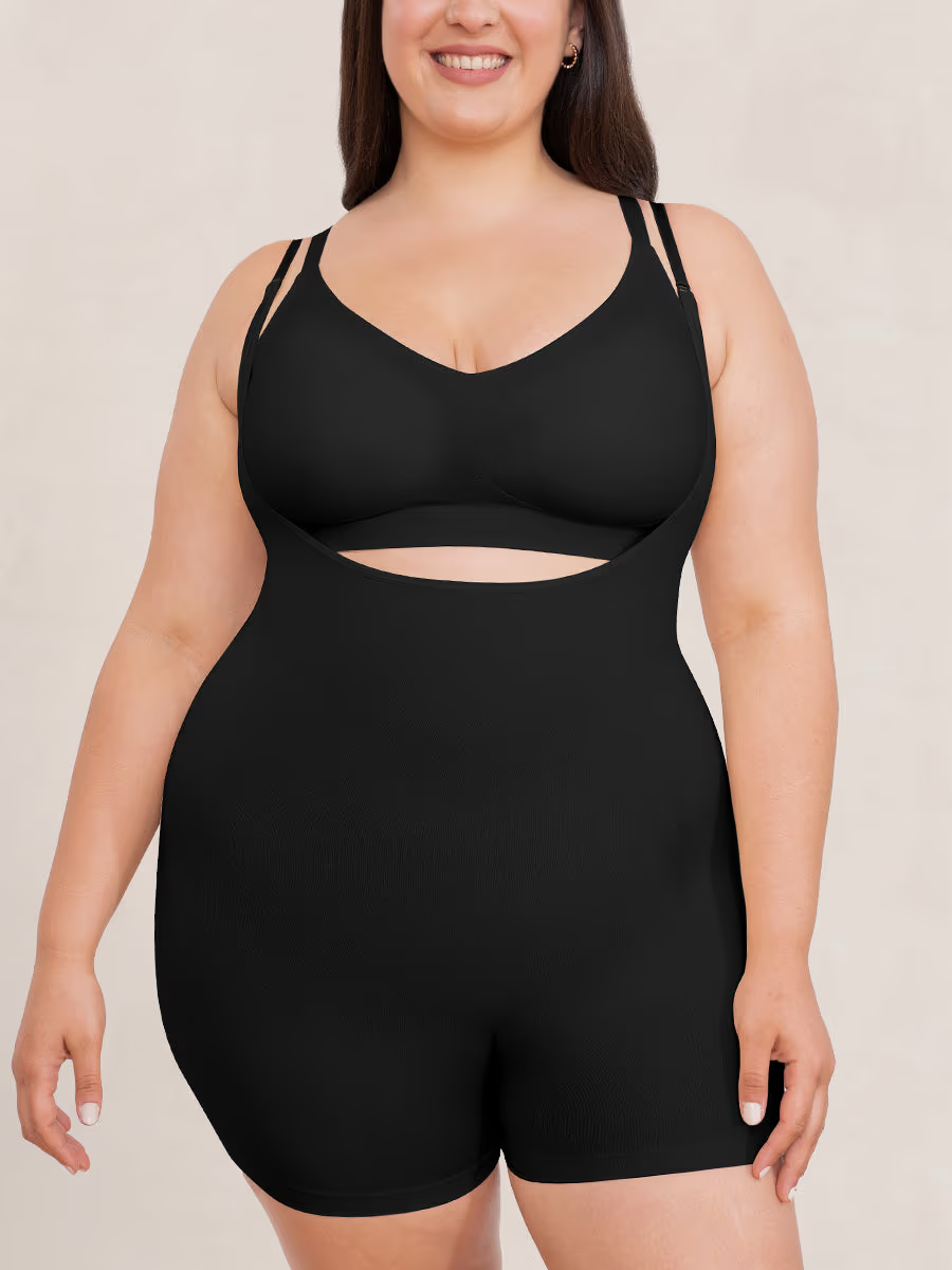 Shapermint Essentials Open Bust Bodysuit Shaper Short Womens M Black Seamless
