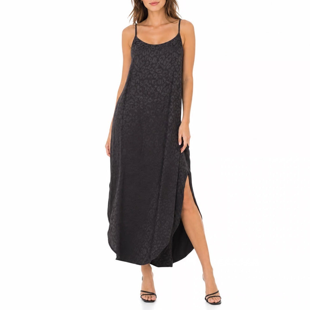 Jodifl Black Leopard Jacquard Satin Midi Slip Dress B8175 Small Adjustable Strap