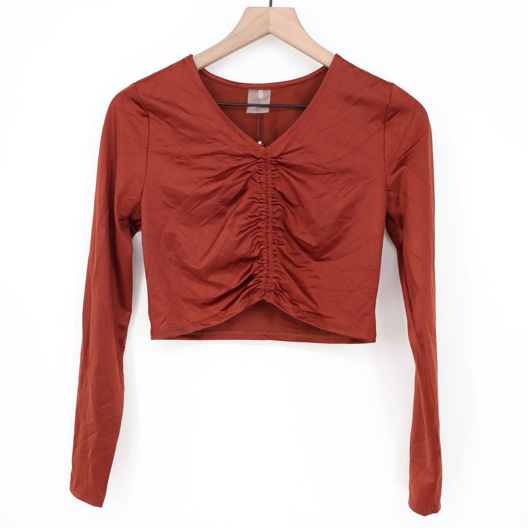 Calia Womens Ruched Long Sleeve Rashguard Red Brown Shine Small