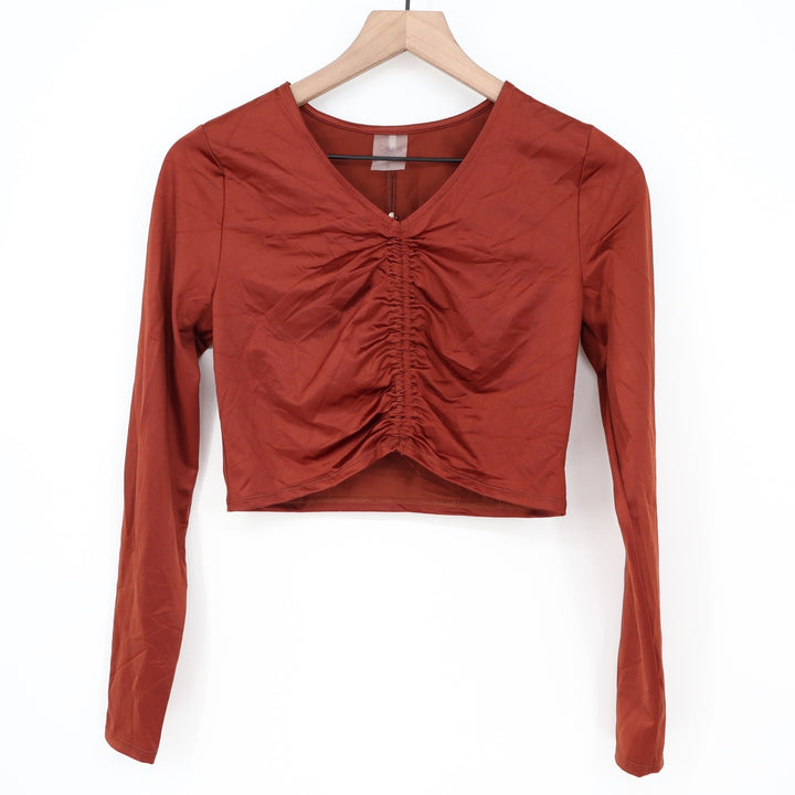 Calia Womens Ruched Long Sleeve Rashguard Red Brown Shine Small