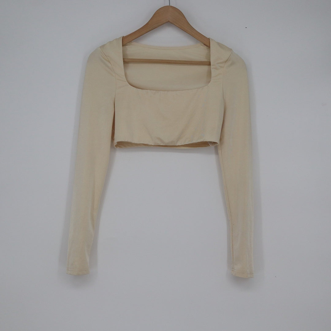 SHEIN Womens Beige Long Sleeve Square Neck Crop Top Size M