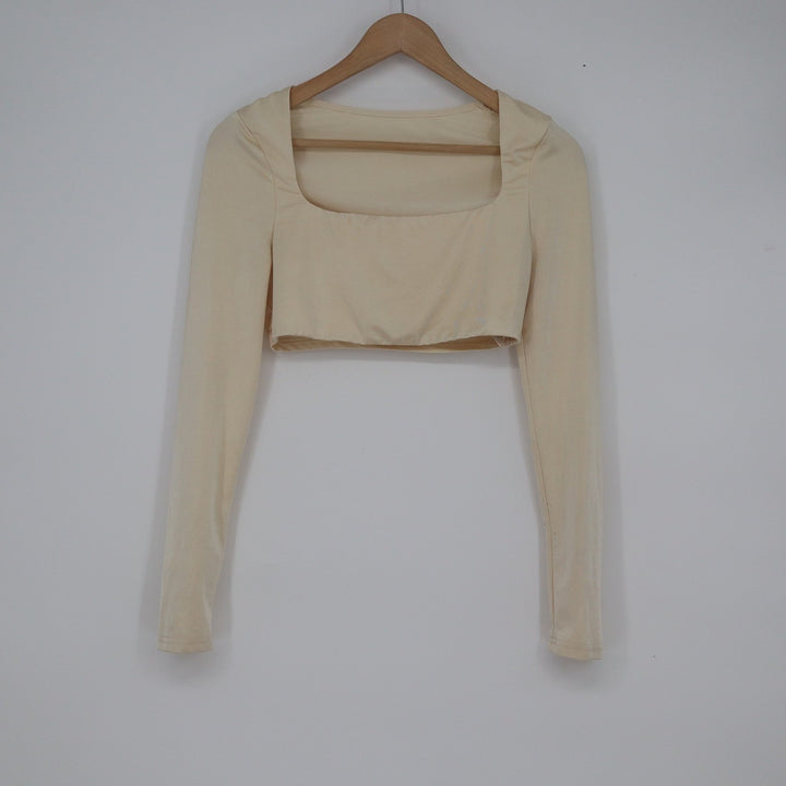 SHEIN Womens Beige Long Sleeve Square Neck Crop Top Size M