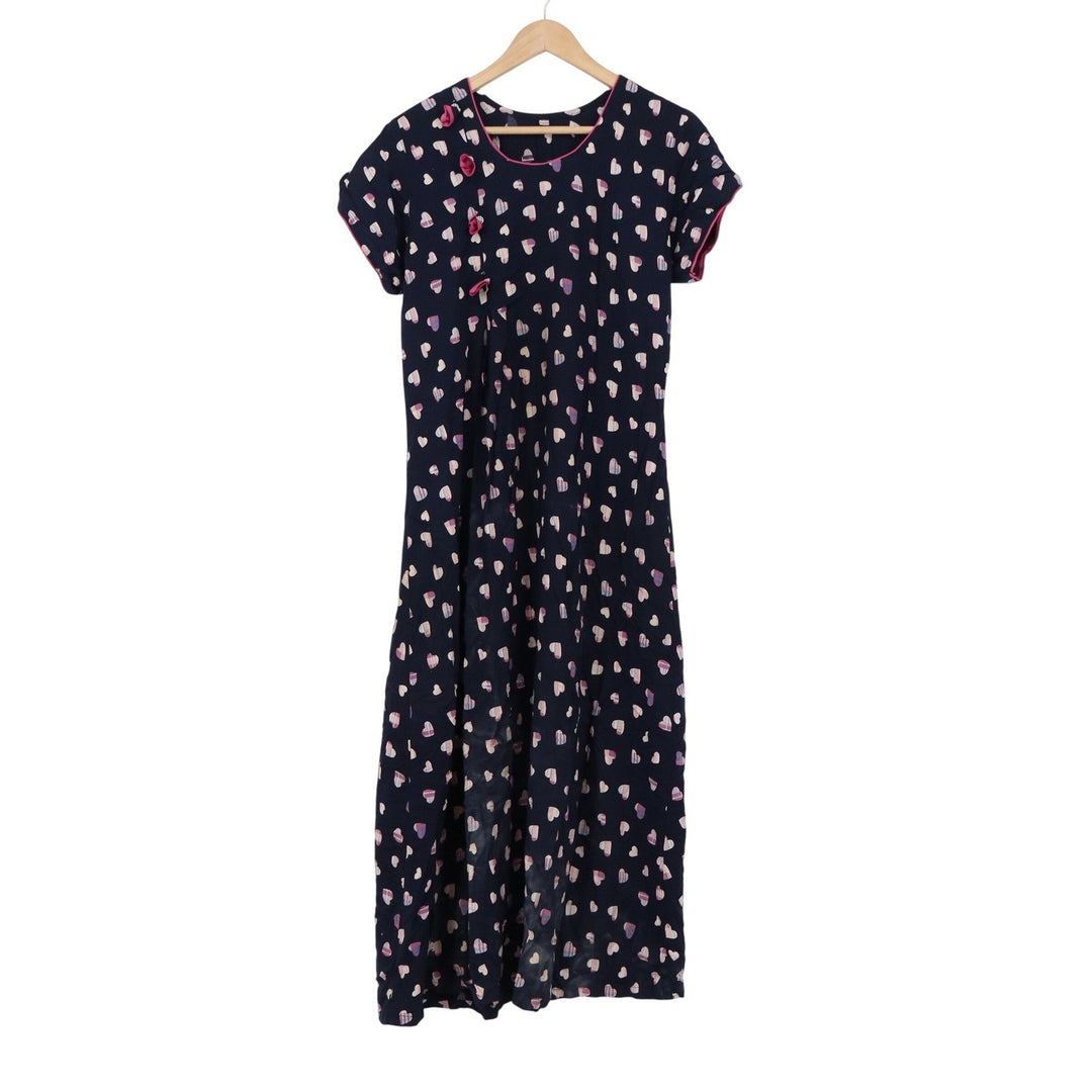 Navy Blue Heart Print Maxi Dress Short Sleeve Pink Trim Frog Buttons XL