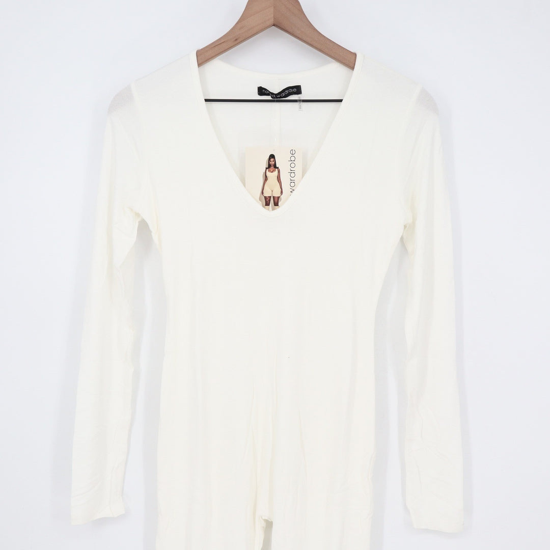 Naked Wardrobe Womens White Long Sleeve V-Neck Jumpsuit Catsuit Size M