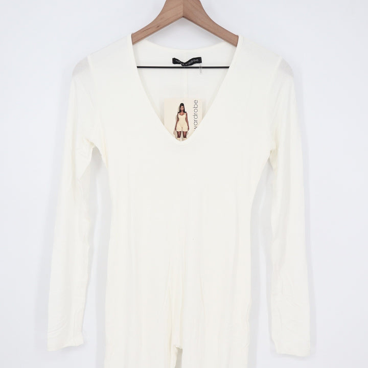 Naked Wardrobe Womens White Long Sleeve V-Neck Jumpsuit Catsuit Size M