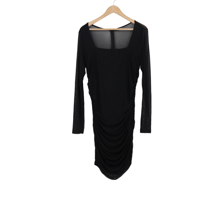 Anrabess Black Ruched Bodycon Mini Dress XL Long Mesh Sleeve Square Neck LBD