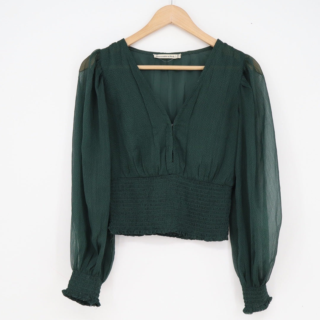 Abercrombie & Fitch Dark Green Smocked Peplum Blouse XS Long Puff Sleeve V-Neck