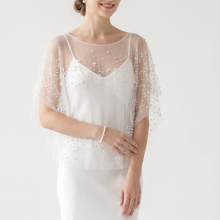White Sheer Mesh Pearl Embellished Poncho Top Elegant Bridal Layering O/S
