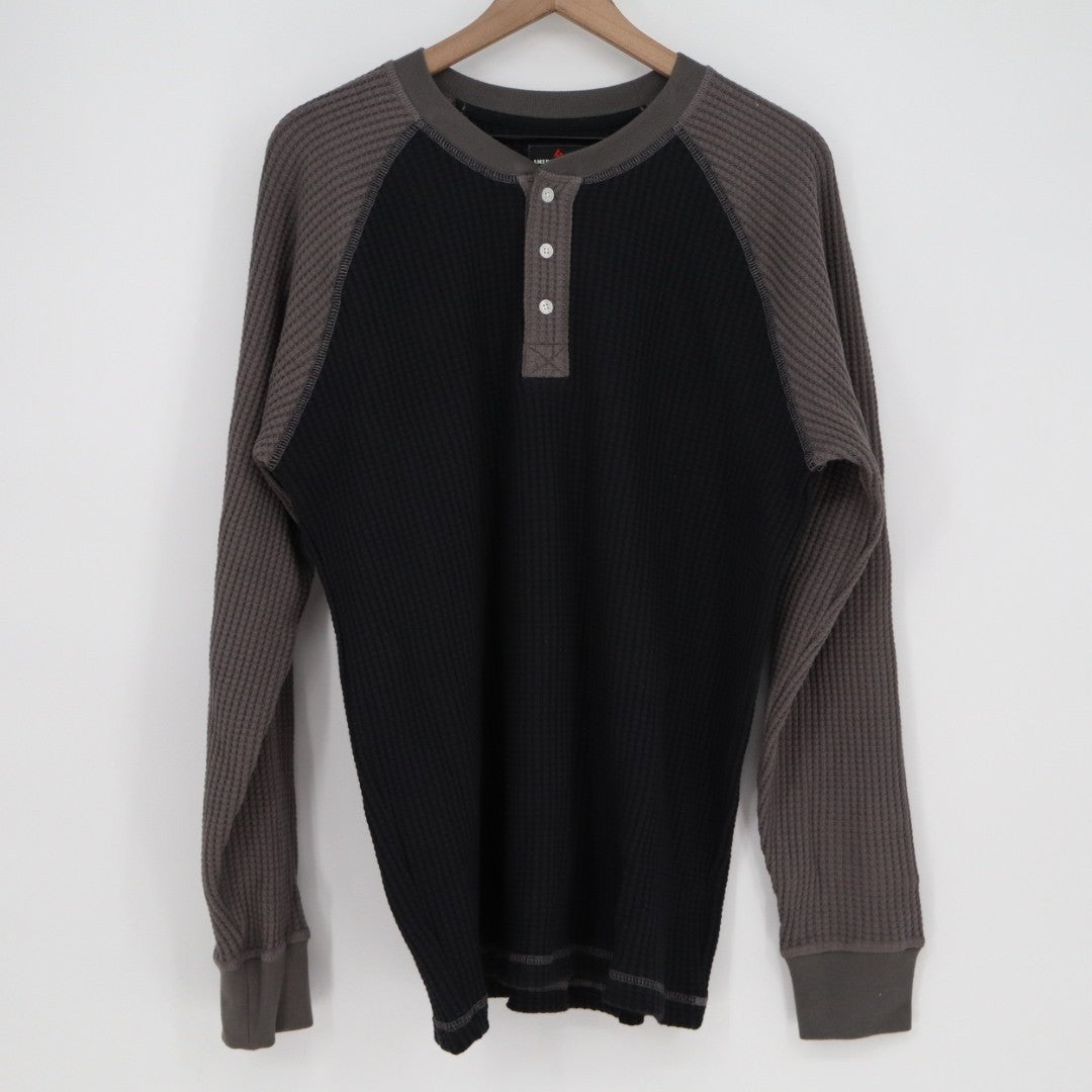 American Giant Shirt Mens L Black Gray Colorblock Ribbed Waffle Knit Henley Neck
