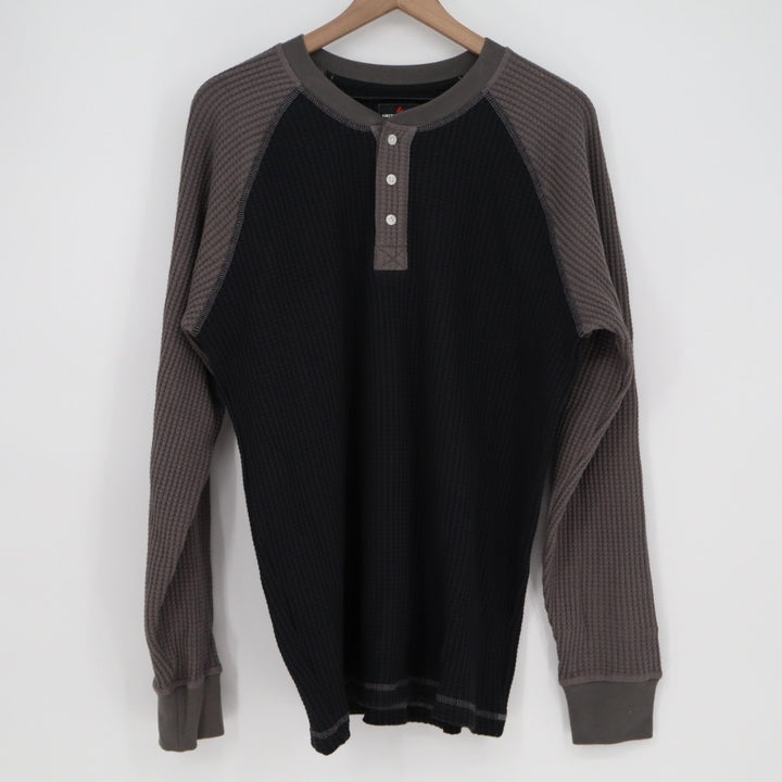 American Giant Shirt Mens L Black Gray Colorblock Ribbed Waffle Knit Henley Neck