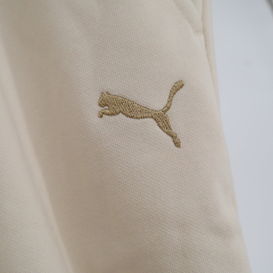 Puma Womens XXL Wide Leg Sweatpants Cream Beige Gold Logo Fleece Pockets
