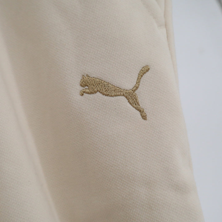 Puma Womens XXL Wide Leg Sweatpants Cream Beige Gold Logo Fleece Pockets