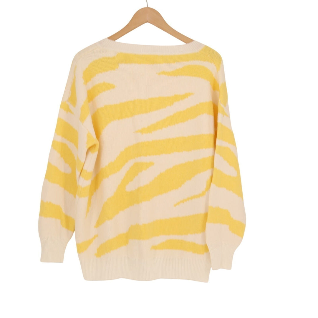 Storia Sweater Womens Large White Yellow Tiger Stripe Tight Knit Ribbed Winter
