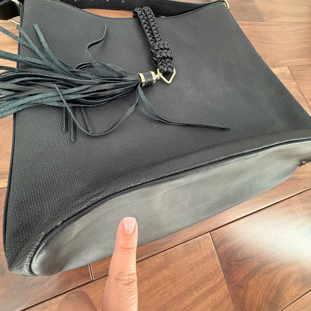 Stella Dot Hayes Tassel Hobo Black Textured Crossbody Shoulder Bag