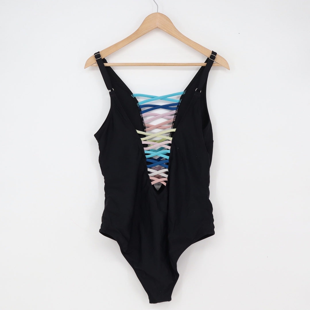 Unbranded One Piece Swimsuit Womens XL Rainbow Lace Up Black Plunge Excellent