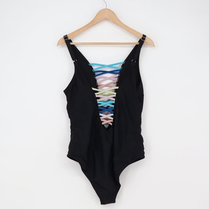 Unbranded One Piece Swimsuit Womens XL Rainbow Lace Up Black Plunge Excellent