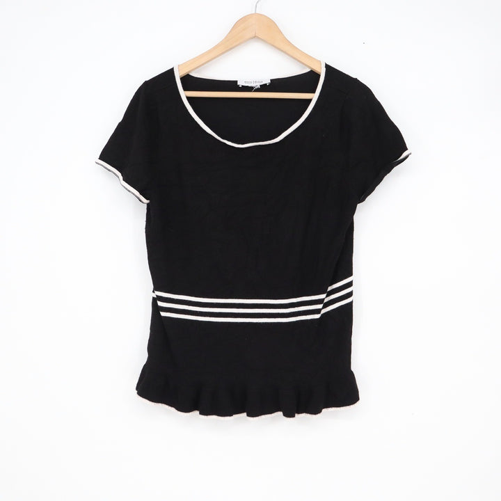 White House Black Market Black White Striped Peplum Knit Top Short Sleeve Medium