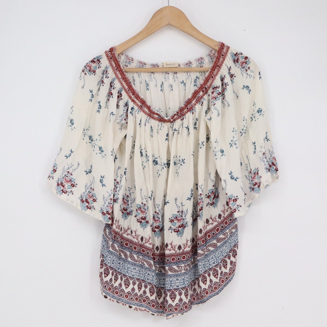 Rewind Women XL Floral Border Print Boho Smocked Flutter Sleeve Top