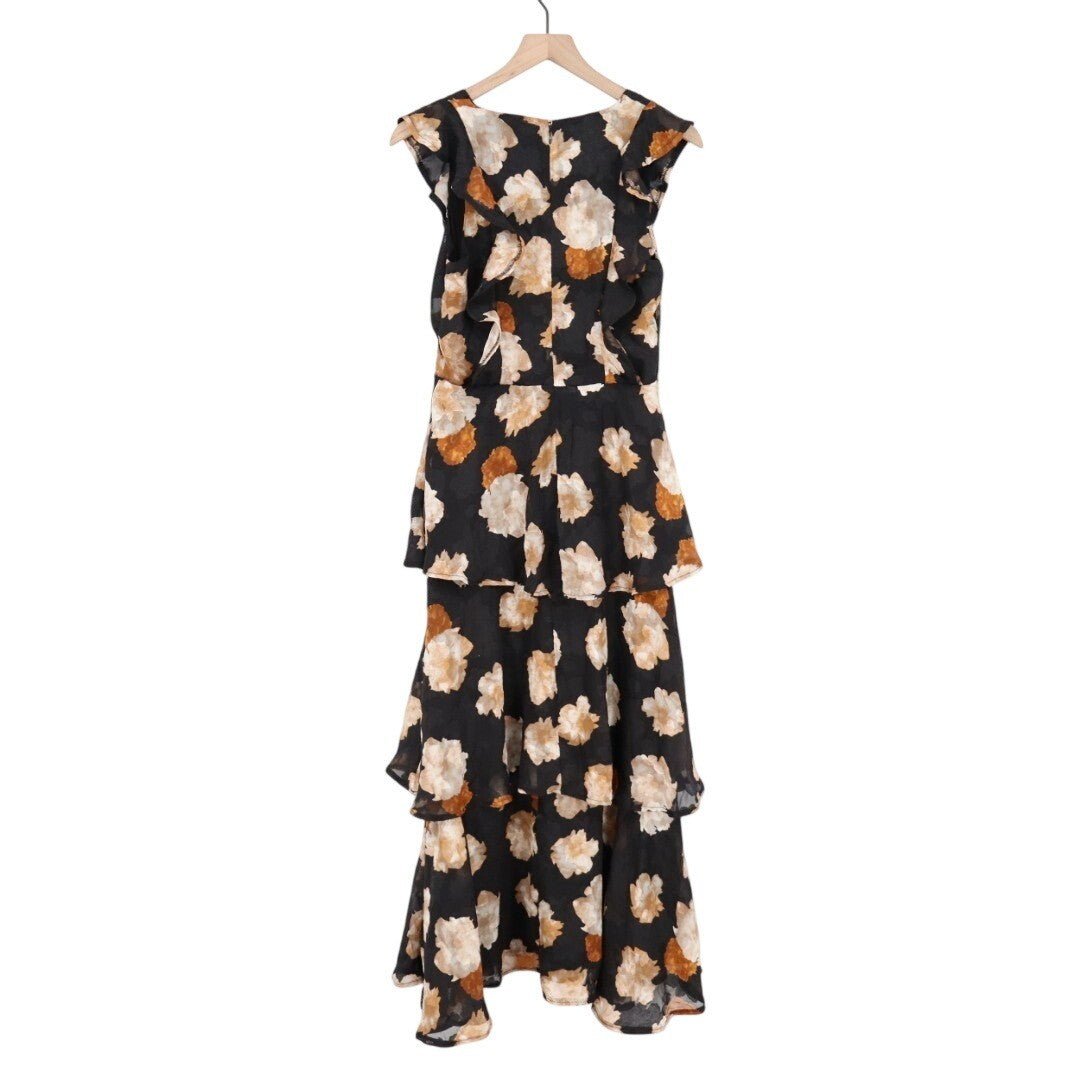 Lulus No Introductions Needed Maxi Dress Womens M Black Burnout Floral Tiered