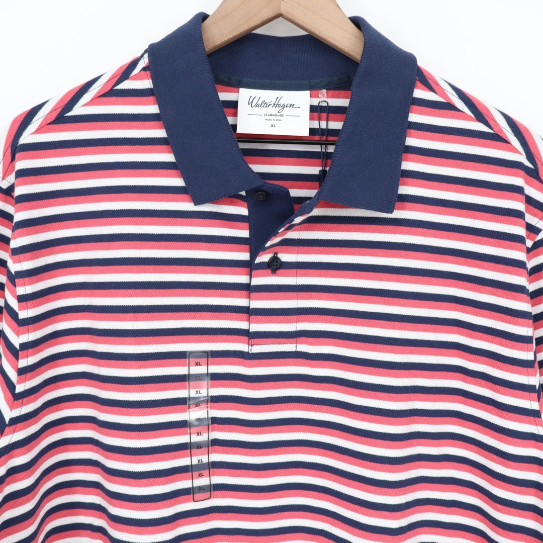 Walter Hagen Mens Clubhouse Stripe Pique Polo Shirt Pink Navy XL NEW