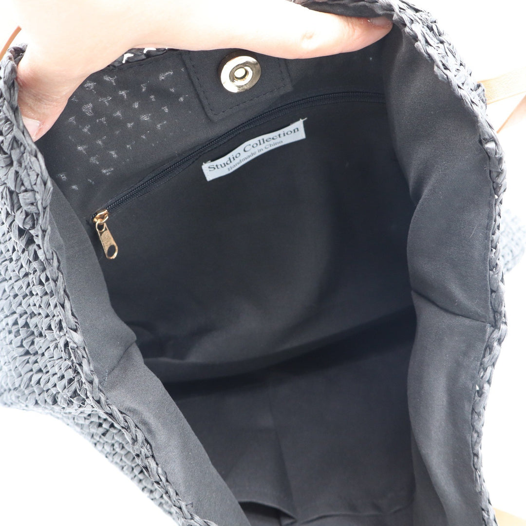 Studio Collection Black Woven Straw Tote Bag Tan Straps Handmade Summer Beach