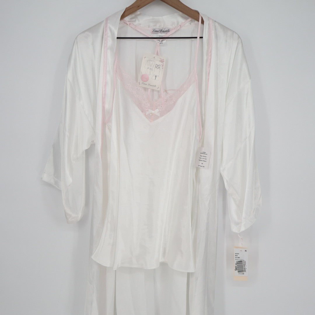 Linea Donatella Bride Satin Wrap Robe Set Women M Beige Pink Tie Waist Sleepwear