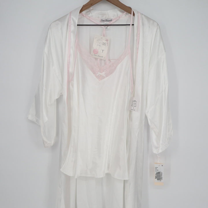 Linea Donatella Bride Satin Wrap Robe Set Women M Beige Pink Tie Waist Sleepwear