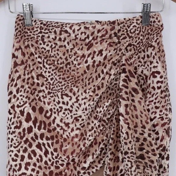Naked Wardrobe Leopard Print Ruched Mini Skirt with Side Drape Brown Small