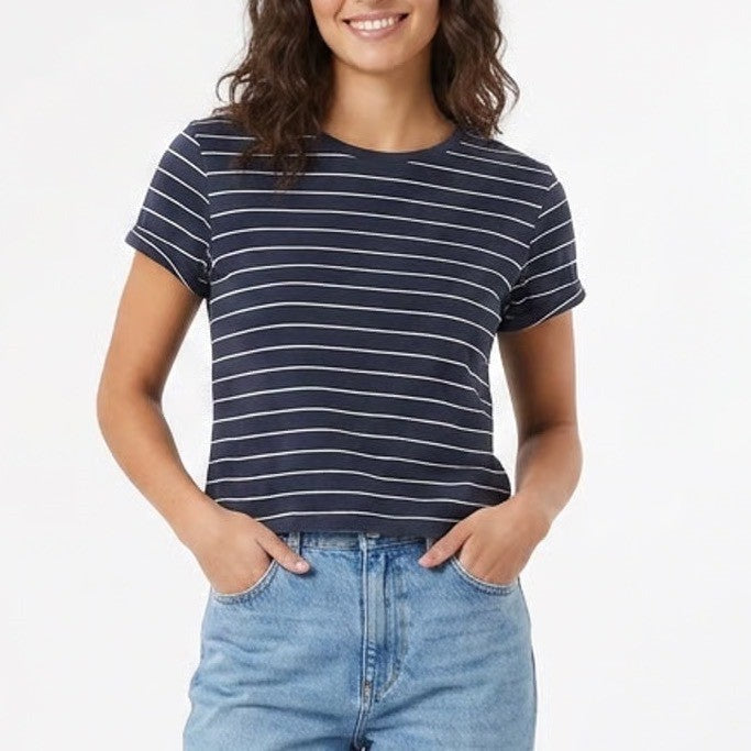 Max Studio Navy Blue White Striped Pima Cotton Modal Short Sleeve Tee Shirt M