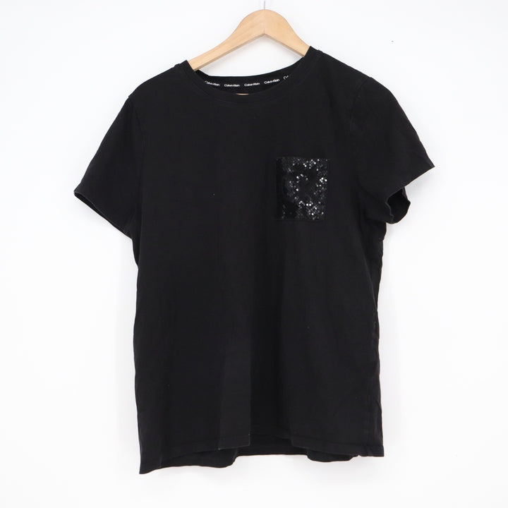 Calvin Klein Womens Black Sequin Pocket T-Shirt Crew Neck Short Sleeve Large