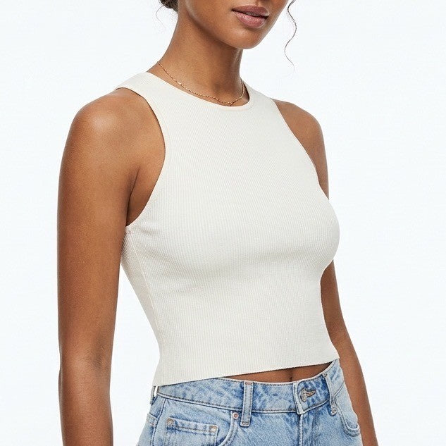 Zara Crop Tank Top Womens Large Off White Knit Wide Strap Scoop Neck Pullover