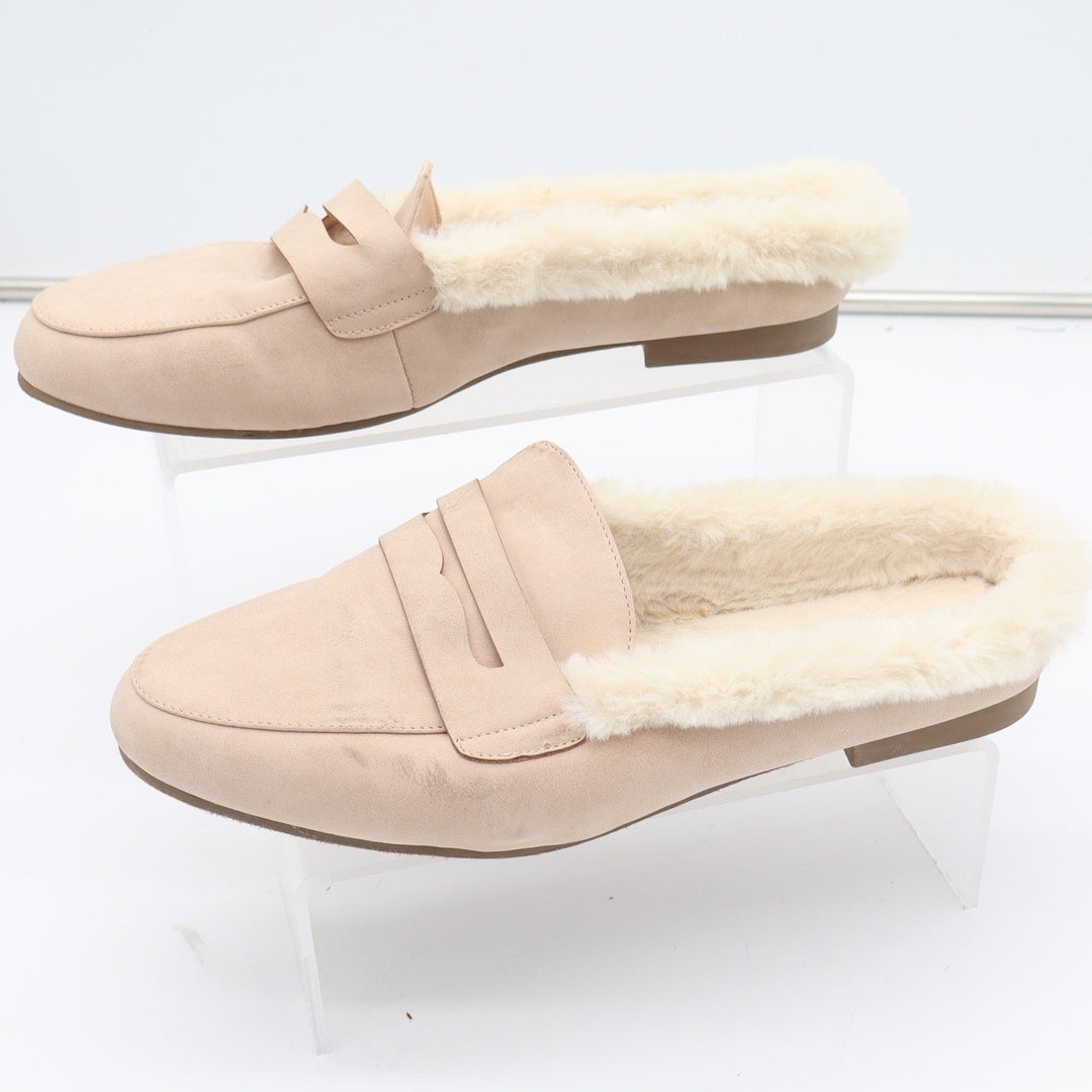 Serra Womens Tan Faux Suede Penny Loafer Mules Faux Fur Lined Size 10