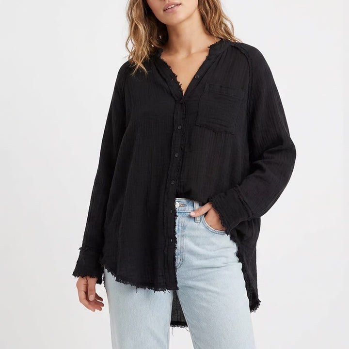 Aerie Black Cotton Gauze Oversized Button Down Distressed Raw Edge Shirt XS