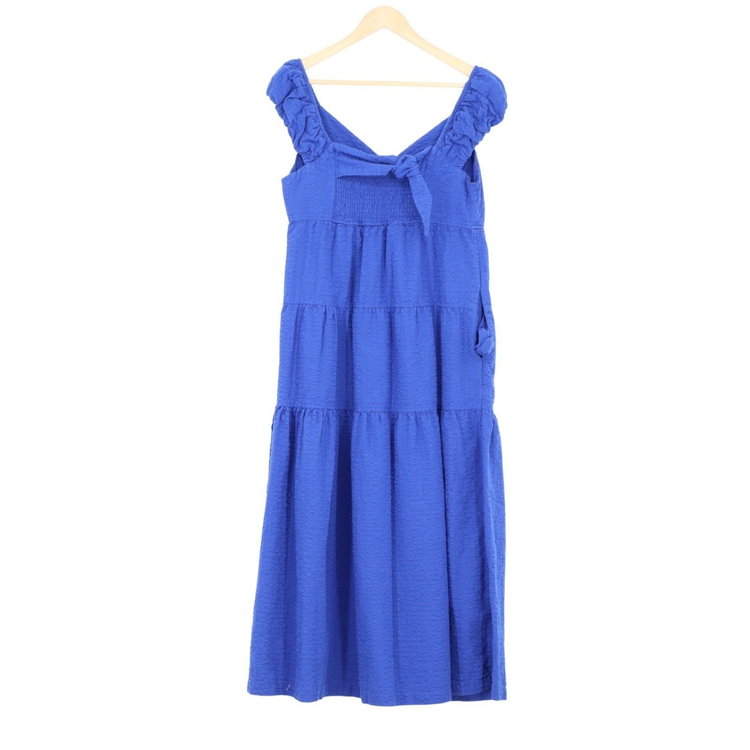Old Navy Womens Royal Blue Seersucker Tiered Midi Dress Smocked Tie Back Medium