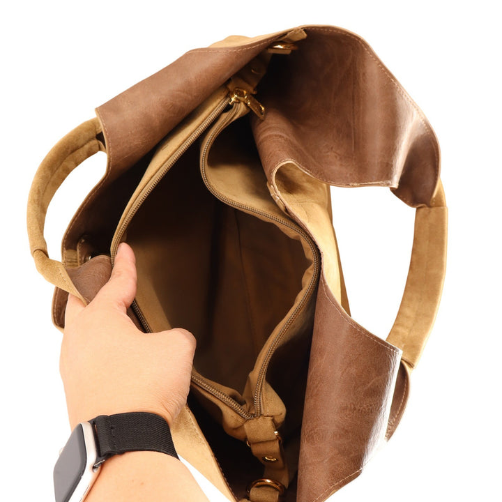 Camel Tan Faux Suede Hobo Tote Bag Large Slouchy Triple Compartment Shoulder Bag
