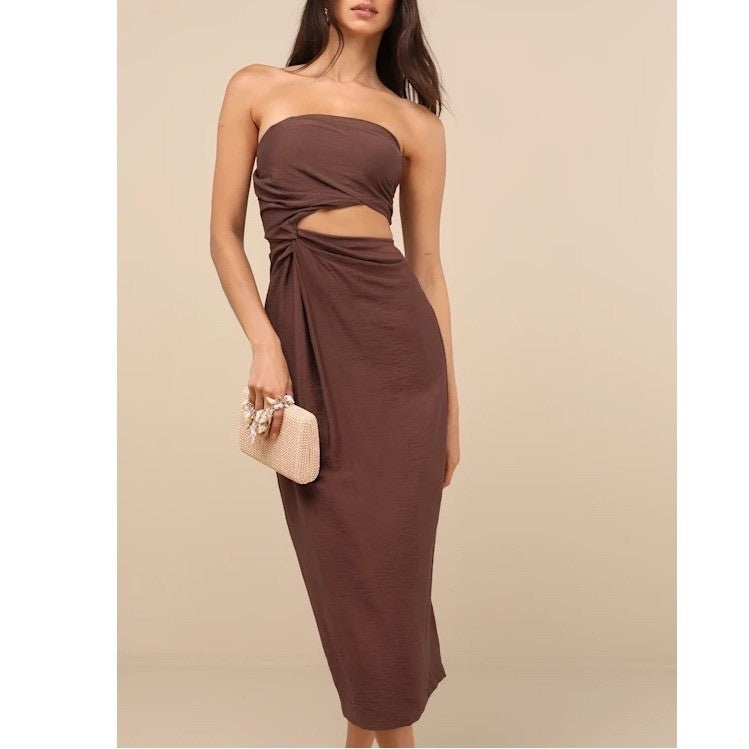 Lulus Sheath Dress Women's Large Brown Cutout Zip Back Slit Spaghetti Strap
