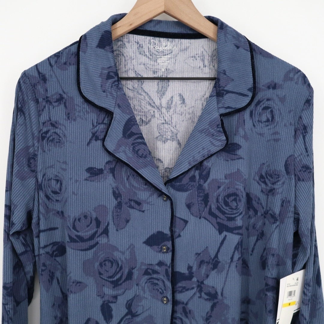 Roudelain Pajama Top Womens Medium Vintage Indigo Floral Print Stretch Ribbed
