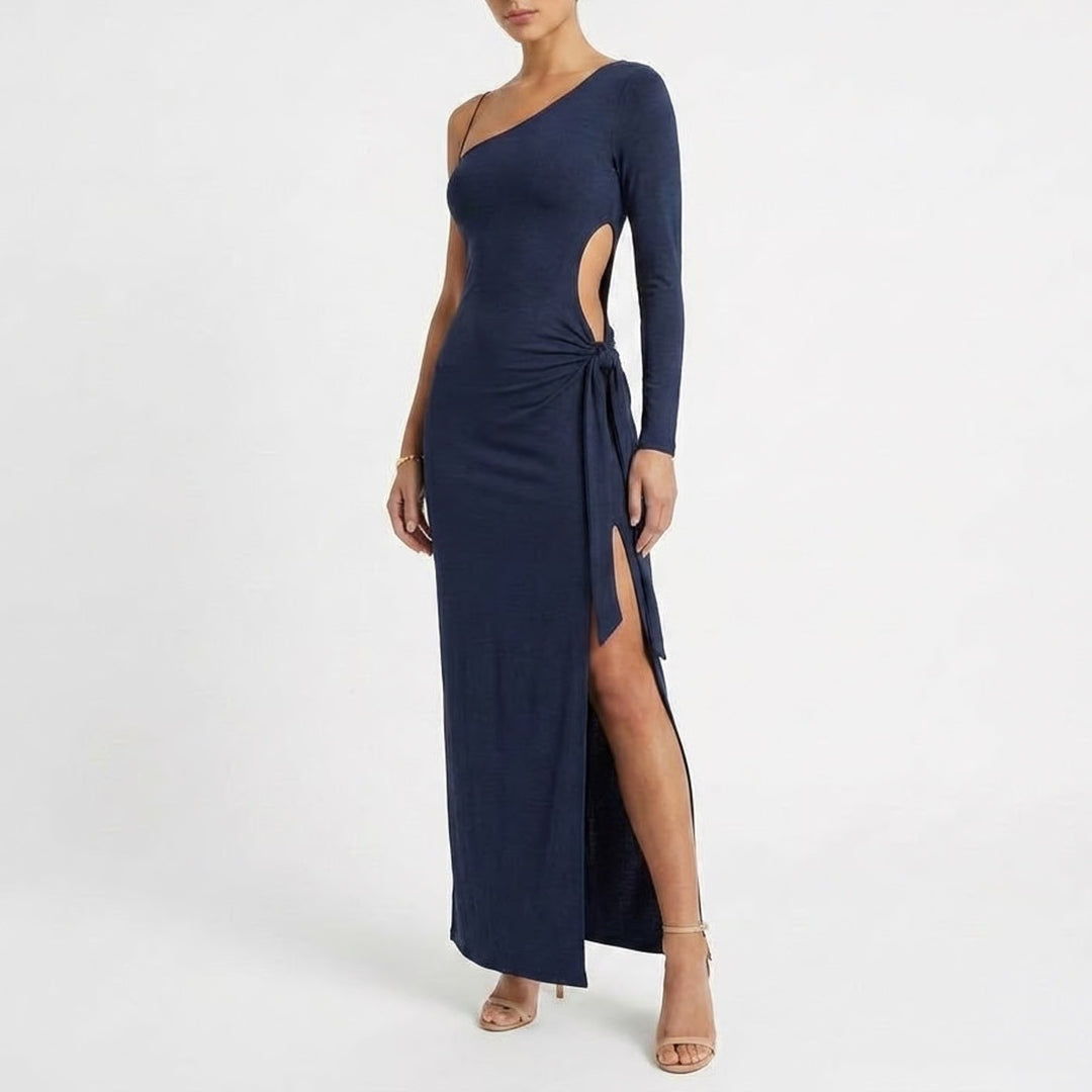 Naked Wardrobe Navy One Shoulder Maxi Dress Cutout Tie Detail Small