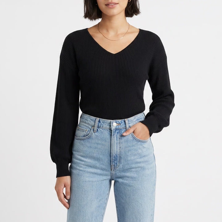 Shein Sweater Women Large Black Stretch V Neck Ribbed Knit Long Sleeve Oversized