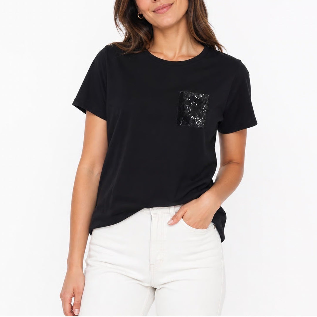 Calvin Klein Womens Black Sequin Pocket T-Shirt Crew Neck Short Sleeve Large