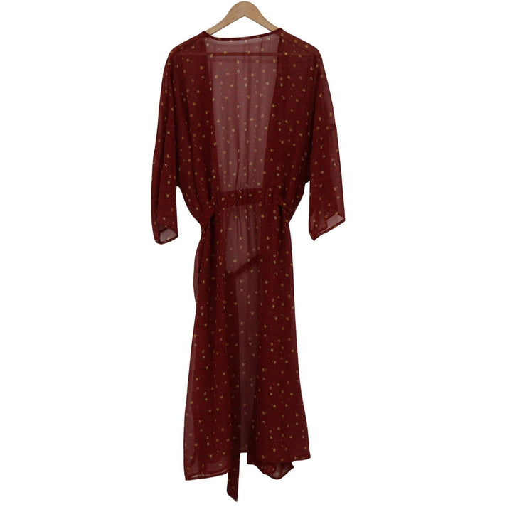 Burgundy Floral Sheer Kimono Robe Open Front Tie Waist Maxi Duster One Size