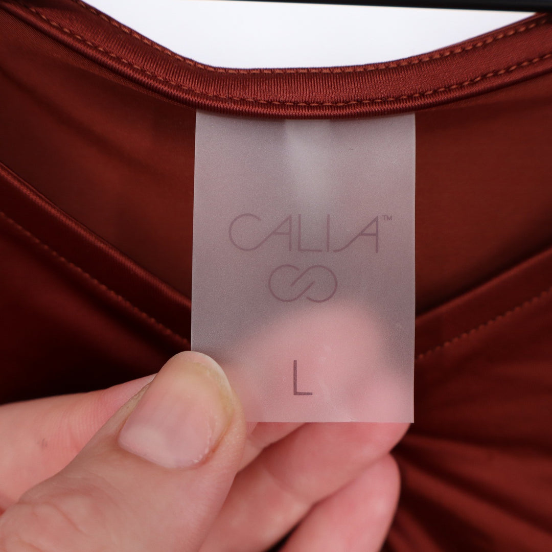 Calia Red Brown Shine Ruched Long Sleeve Cropped Swim Top UPF 50+ L