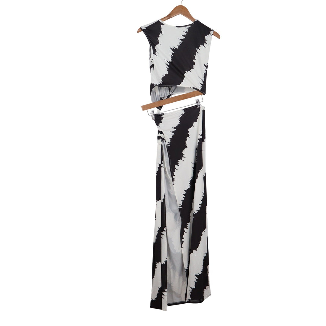 Black White Jagged Stripe 2 Piece Maxi Dress Set Sleeveless Wrap Top Small