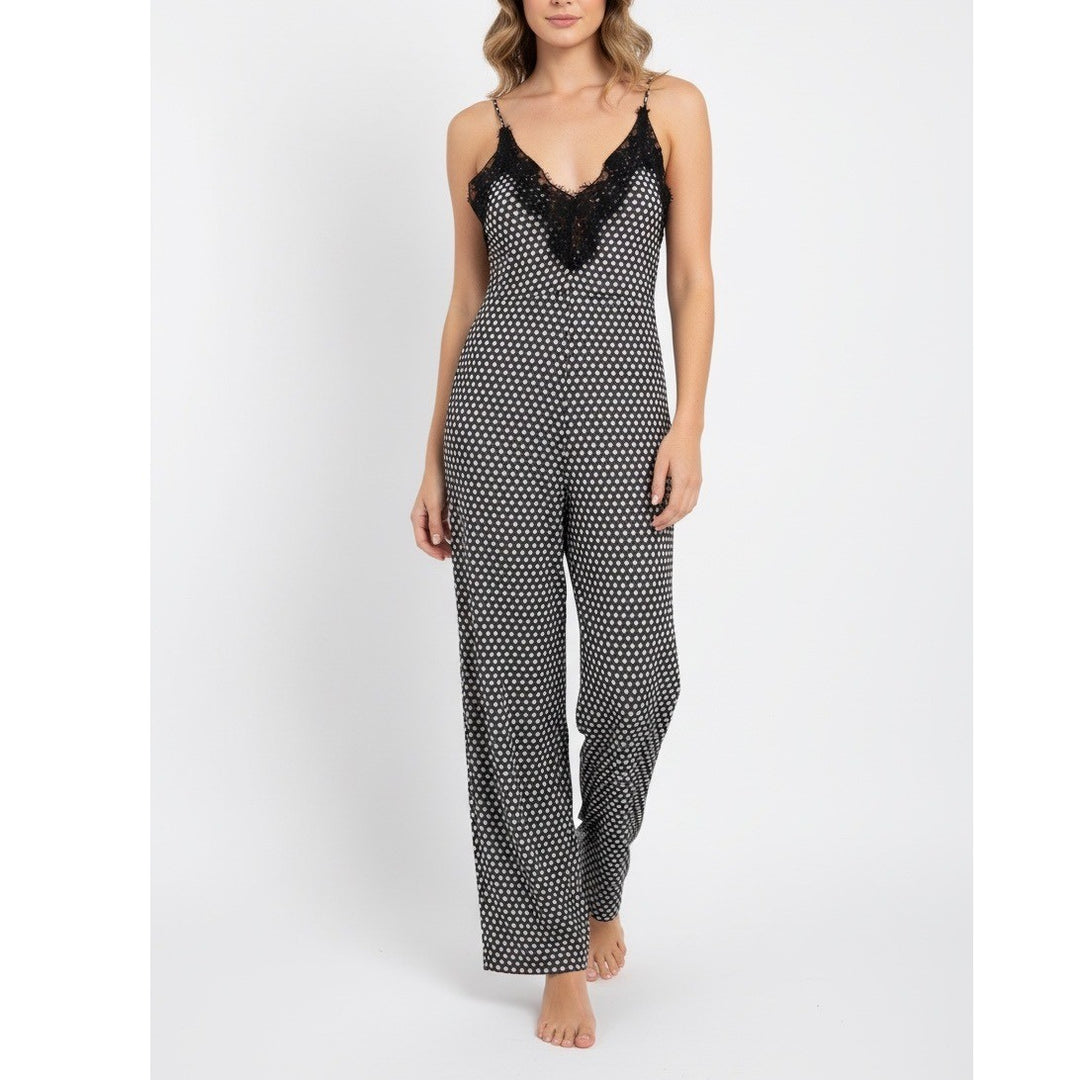 MARGOT JOSEPH Black White Polka Dot Lace Trim Jumpsuit Wide Leg L