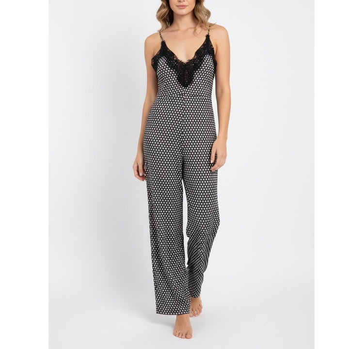 MARGOT JOSEPH Black White Polka Dot Lace Trim Jumpsuit Wide Leg L