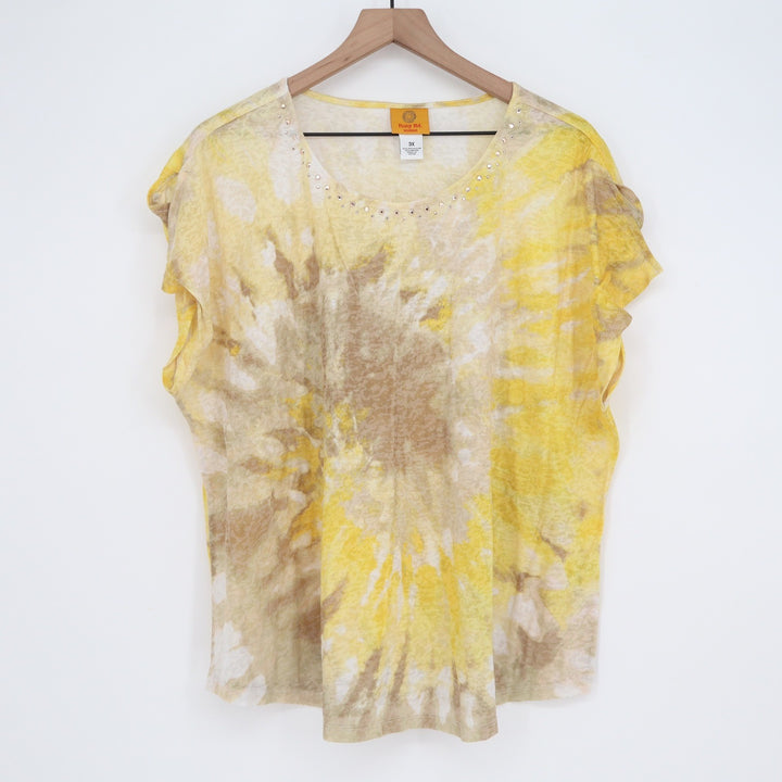 Ruby Rd Top Woman 3X Tie-Dye Yellow Rhinestone Embellished Excellent