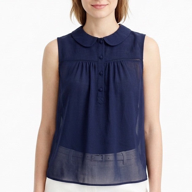 J. Crew Tank Top Womens 0 Navy Blue Silk Sleeveless Pleated Button Front Detail