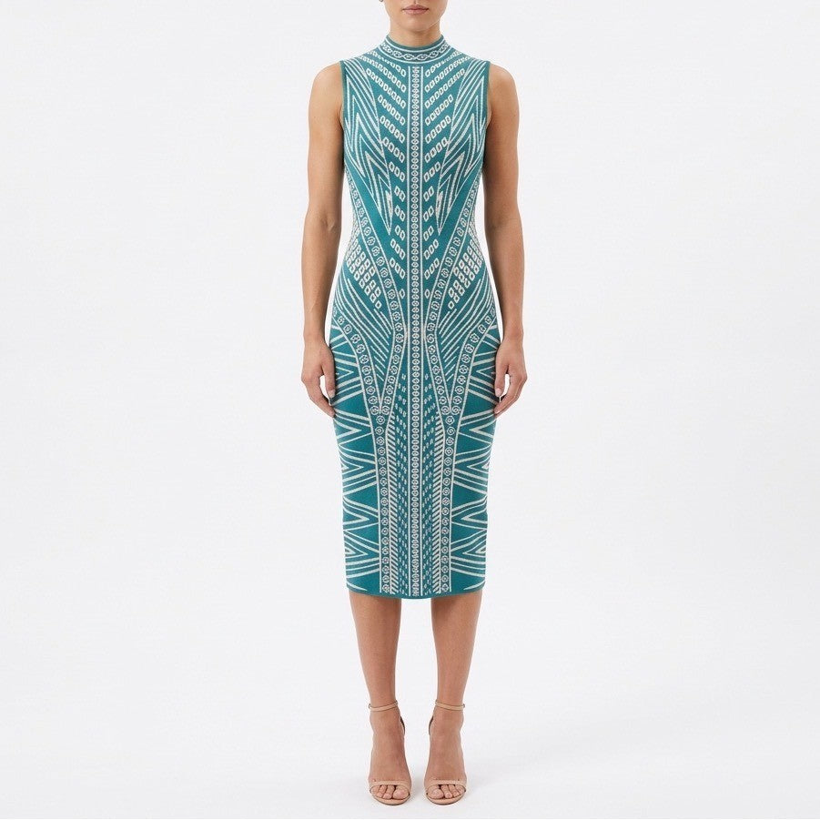 Marciano For Guess Bodycon Midi Dress Womens XS Teal Beige Mock Neck Back Zip